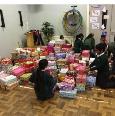 hundreds of shoeboxes that were kindly donated by children